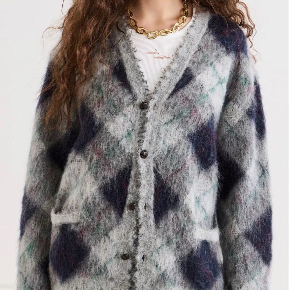 Gray and navy Fluffy Plaid Oversized Distressed Edge Sweater